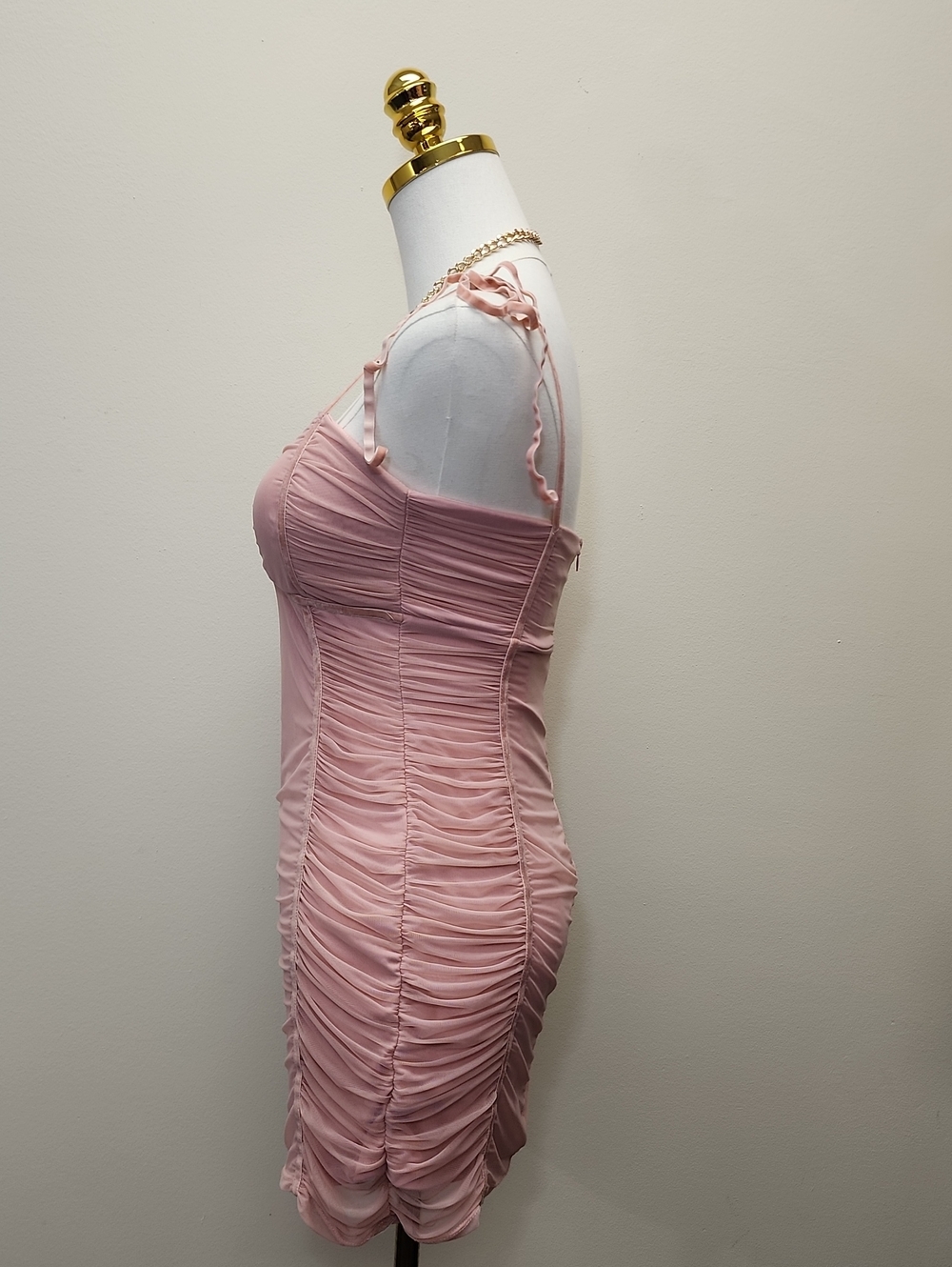 Blue Blush Pink Ruched Tie Shoulder Mini Dress Size Medium - Picture 2 of 11